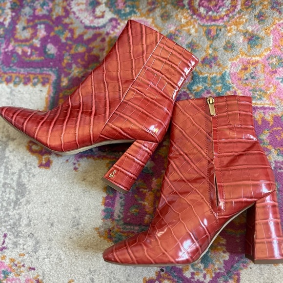 Sam Edelman Shoes - Sam Edelman Red Orange Croc-Embossed Block Heel Ankle Boots
